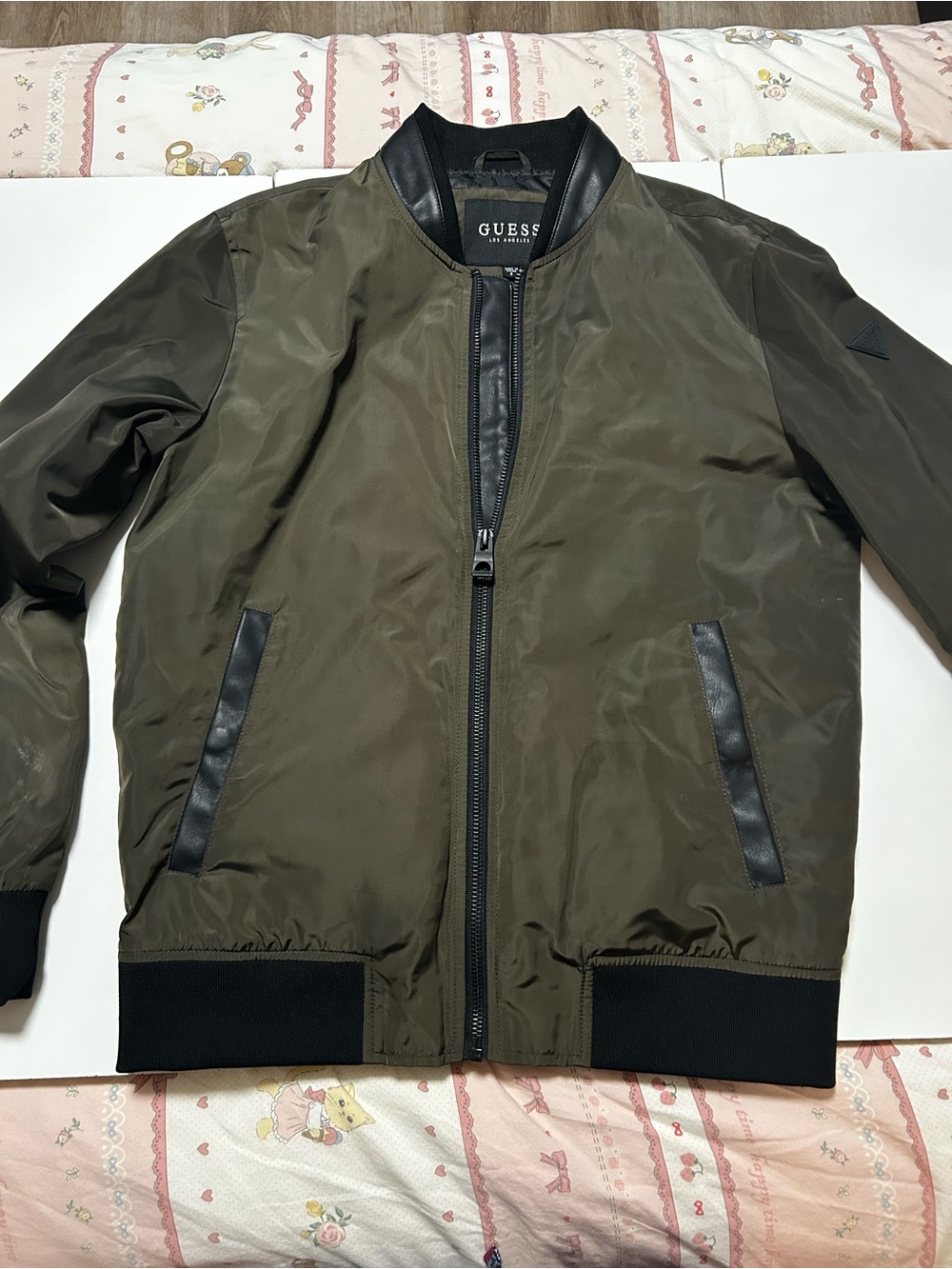GUESS Olive Green Bomber Jacket with Black Trim